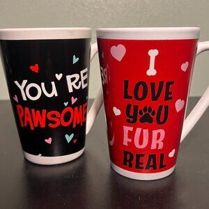 Pair of YOU‘RE PAWSOME & I LOVE YOU FUR REAL Tall Ceramic Mugs ~ Dog Cat Lovers